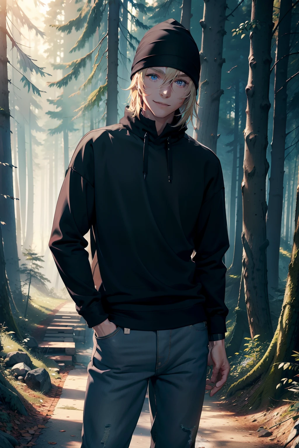 young man, blond hair, blue eyes, smiling, wearing black sweatshirt, black bonnet, jeans pants ,muscular body, in a scenic forest, exploring, curious face, 4k