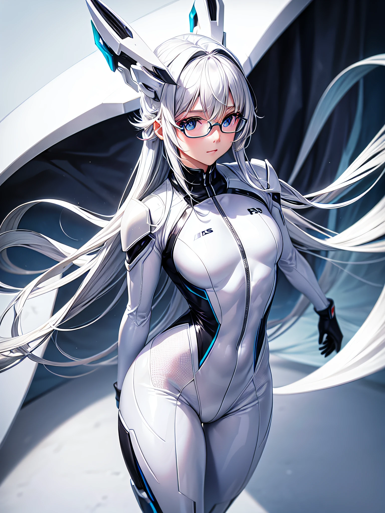 8K UHD、White-shiny white full-body rider suit with glasses silver hair and small-nosed beauty standing with legs open facing the front、Wearing a white metallic rider suit、Upper Body Up