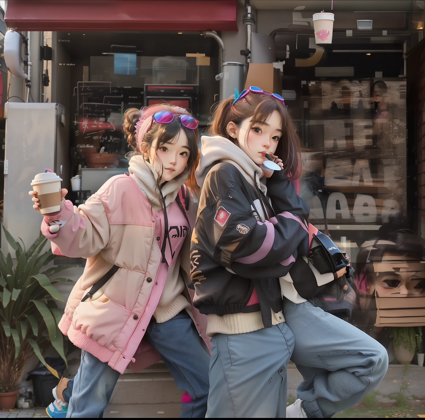 they are standing outside of a building with a coffee cup in their hand, couple pose, couple, lovely couple, warm, profile pic, ๐คฌ ๐คฎ ๐ ๐, ๐น๏ธ ๐ ๐ฌ, a picture, trending artstayion, ulzzang, ๐ญ ๐คฎ ๐ ๐, style kim jung gi, ๐ญ๐คฎ ๐, ๐ cute, photoshoot
