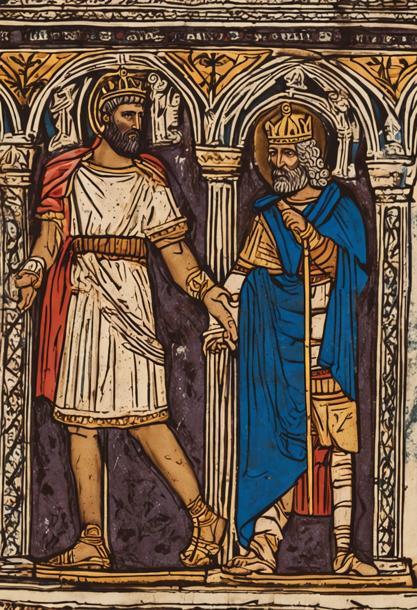 Depiction of David interacting with King Saul. O rei oferece sua armadura, but David resolutely refuses.