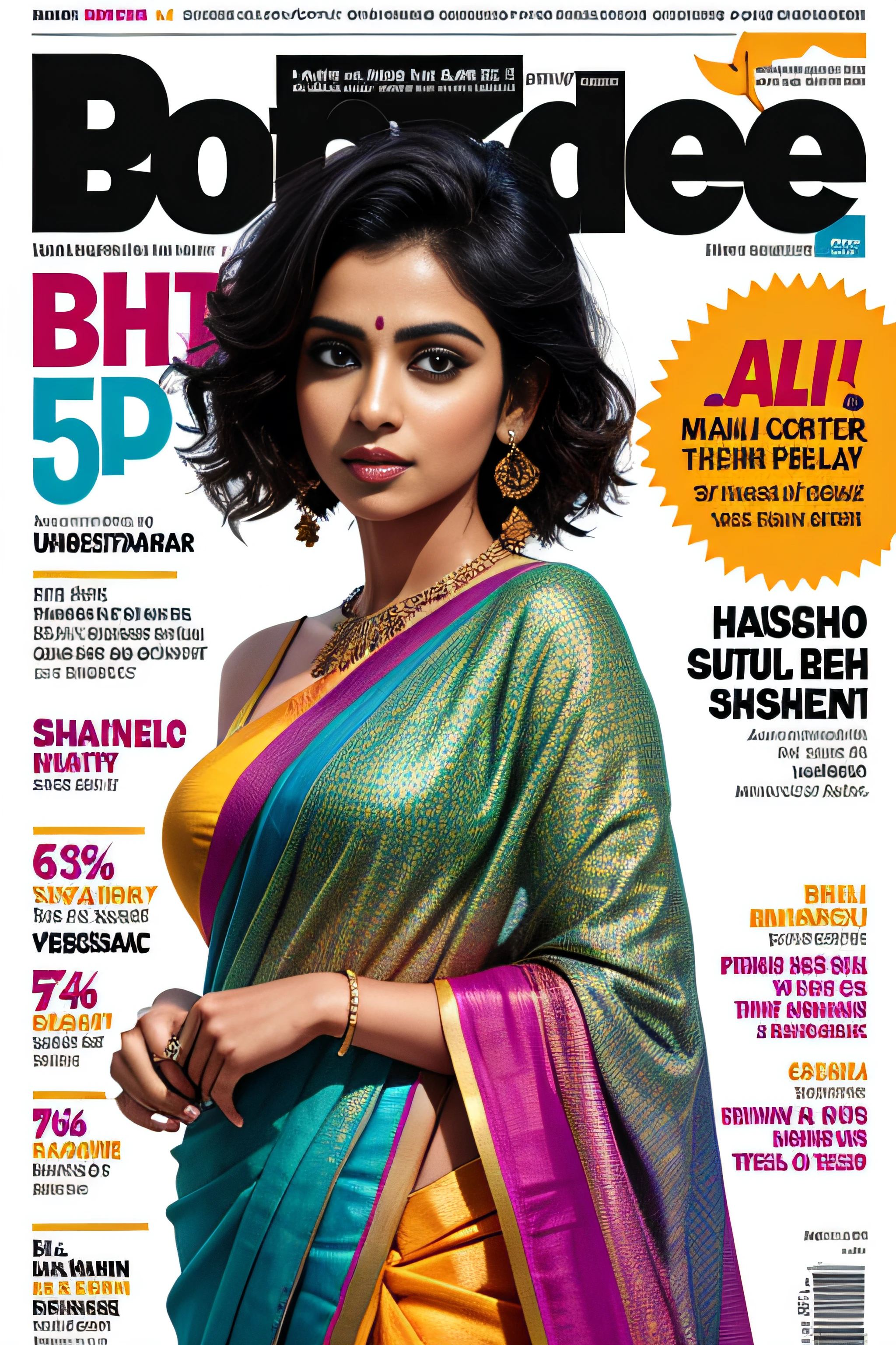 masterpiece, best quality, vahida raheman, colorful sari, outdoor, magazine cover ,upper body,