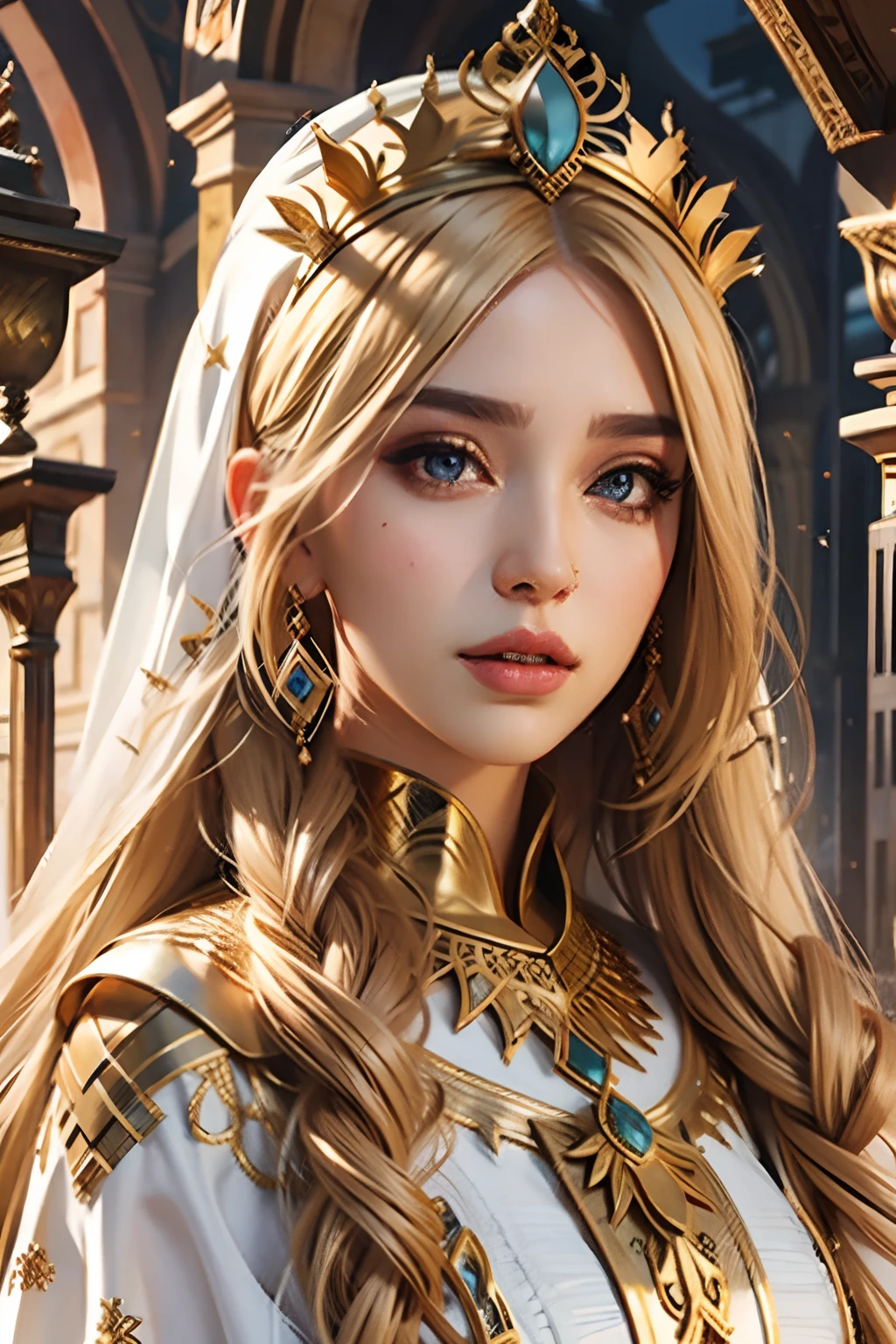 Islamic Beautiful European blonde princess sexy face eyes bright crystal face portrait caftan islamic hyper realistic super detailed