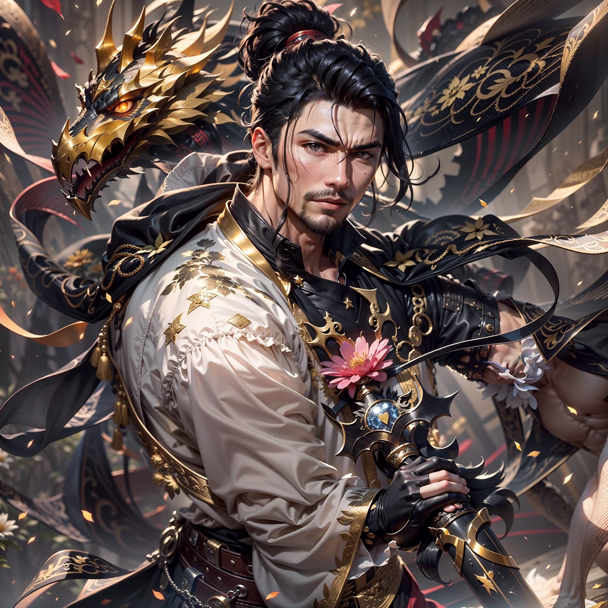 grown up, Mature man 35 years old.
European facial features. volitional, Companies in China. Dark Big, Oriental eyes.
Black long hair gathered in a Chinese ponytail.
ah high, muscular. 
Dressed in a black leather cloak, with metal shoulder pads. In his right hand he holds a sword, the left one is raised above the head and a chrysanthemum flower sparkles in it, What scatters star rays.
fantasy world.  Blend of black gold, Gold Pattern, Dragon Pattern Road, prince, palace.  Lightning effect.