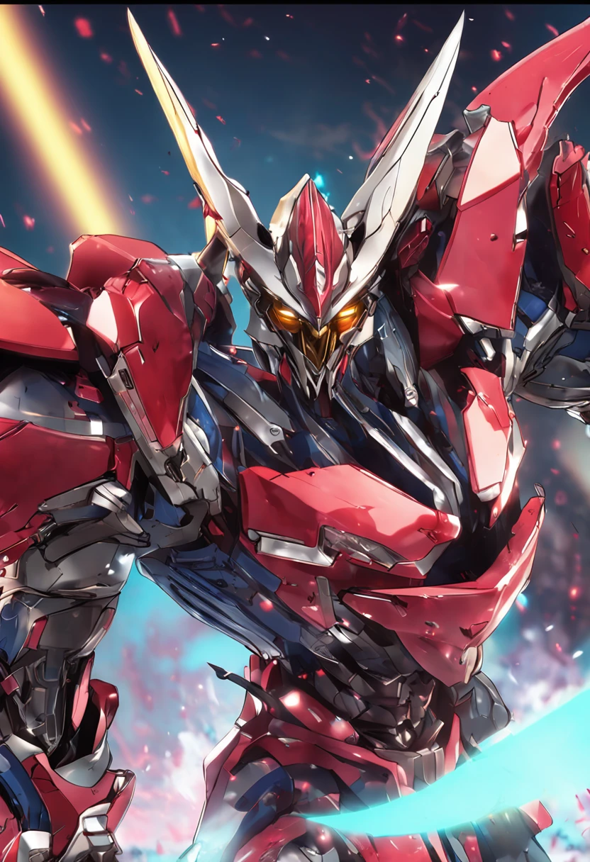 a close up of a robot with a sword in its hand, high detailed official artwork, Detailed key anime art, Yu-Gi-Oh Art Style, white and red armor, gurren lagann, Gungnir, Darius Puia, best anime 4k konachan wallpaper, akasuki voidstar, yugioh artwork