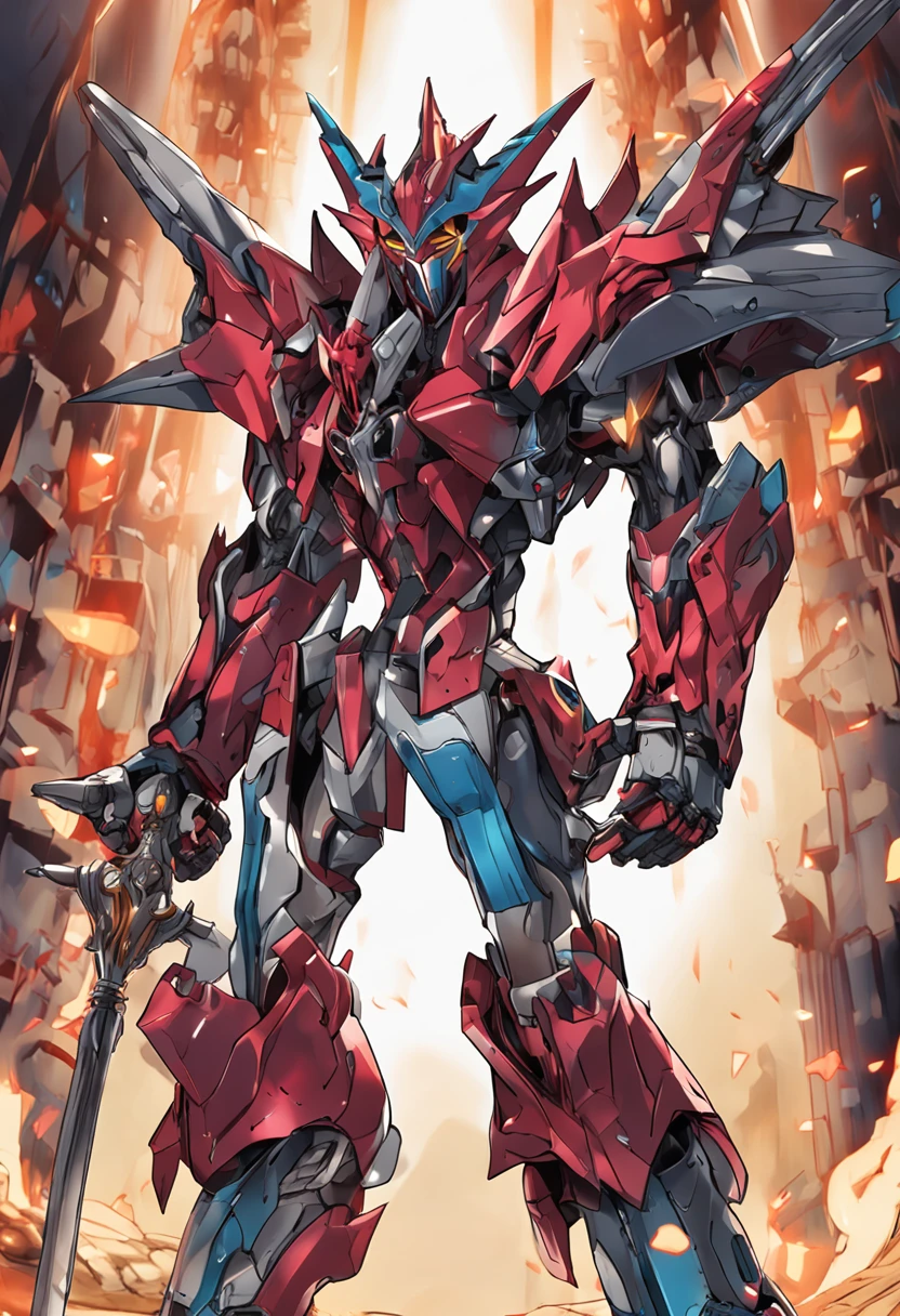 a close up of a robot with a sword in its hand, high detailed official artwork, Detailed key anime art, Yu-Gi-Oh Art Style, white and red armor, gurren lagann, Gungnir, Darius Puia, best anime 4k konachan wallpaper, akasuki voidstar, yugioh artwork