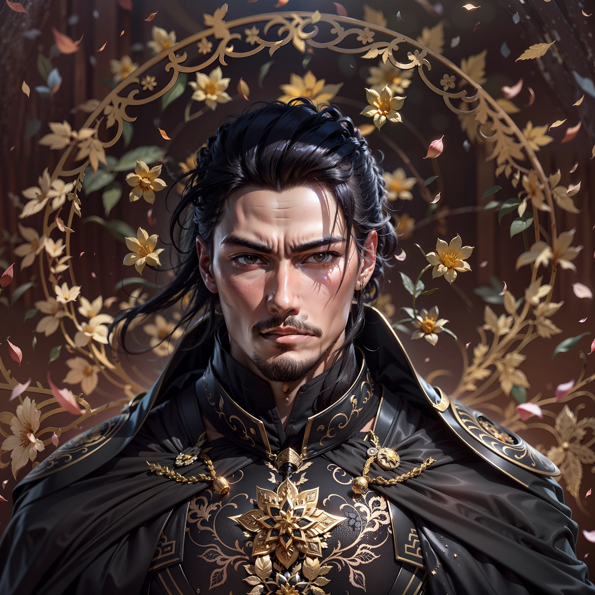 grown up, Mature man 35 years old.
European facial features. volitional, Companies in China. Dark Big, Oriental eyes.
Black long hair gathered in a Chinese ponytail.
ah high, muscular.
Dressed in a black leather cloak, with metal shoulder pads. In his right hand he holds a sword, the left one is raised above the head and a chrysanthemum flower sparkles in it, What scatters star rays.
fantasy world. Blend of black gold, Gold Pattern, Dragon Pattern Road, prince, palace. Lightning effect.