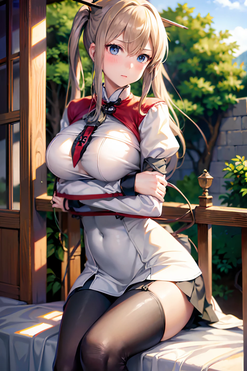 (8k, RAW photo, best quality, masterpiece:1.2), (realistic, photo-realistic:1.4), graf zeppelin, graf zeppelin(KanColle), 1girl, caplet, hat, twintails, skirt, gloves, ((large breasts)), jacket, necktie, long hair, blue eyes, looking at viewer, ((white uniform)), (warried), ((shy)), ((hands behind back)), bondage, (anime style), sitting on the bed, ((((((hand tied behind)))))), ((blush)),