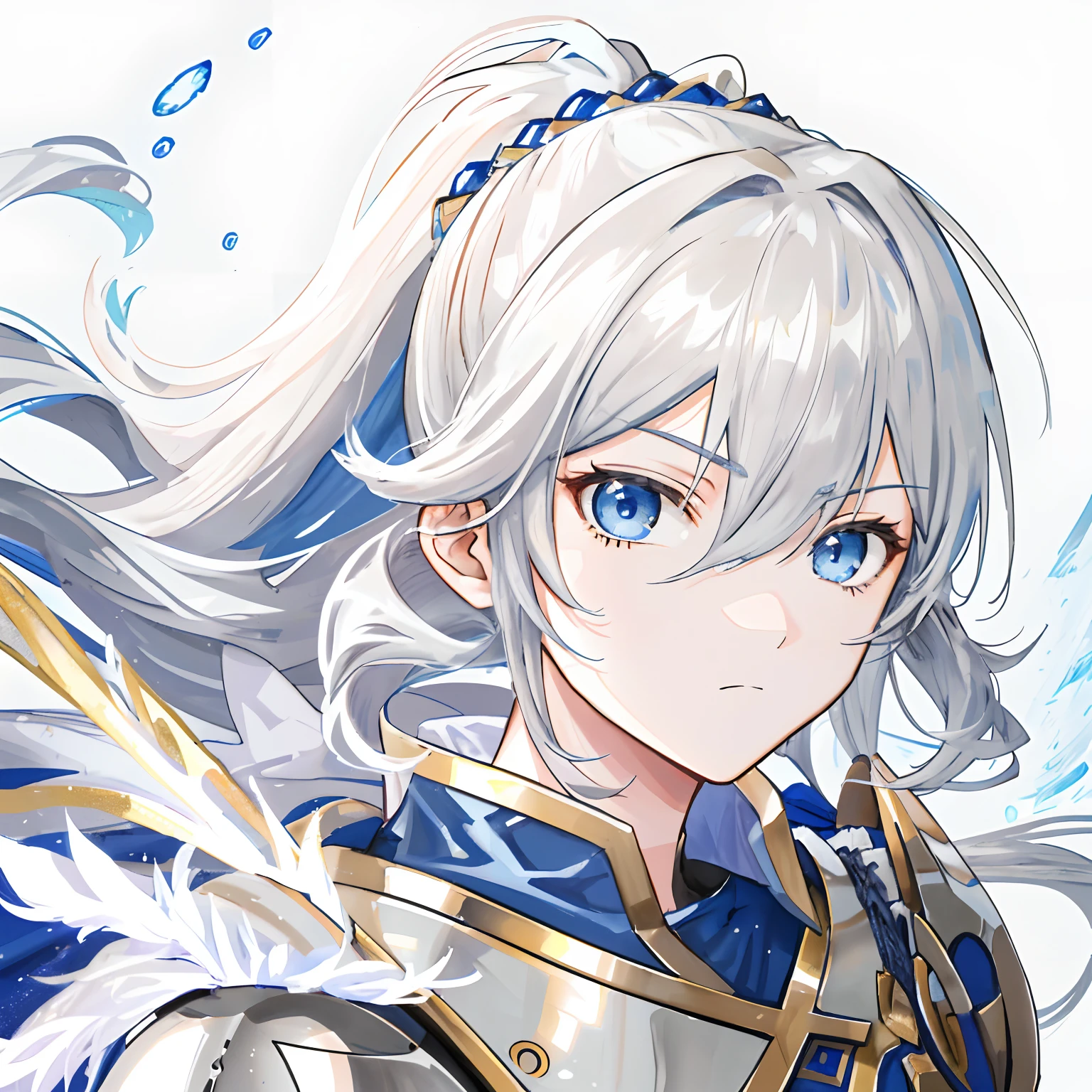 animemanga girl，Human Knight，Human General，grey long hair，With a ponytail，Bangs refer to this picture，Blue armor，Golden cape，blue color eyes，look to the front，A reference to this image by the face，The expression of the character is the same as this picture，with a determined look in his eyes，Looks confident and sunny，The character was inspired by this image，Character actions refer to this image