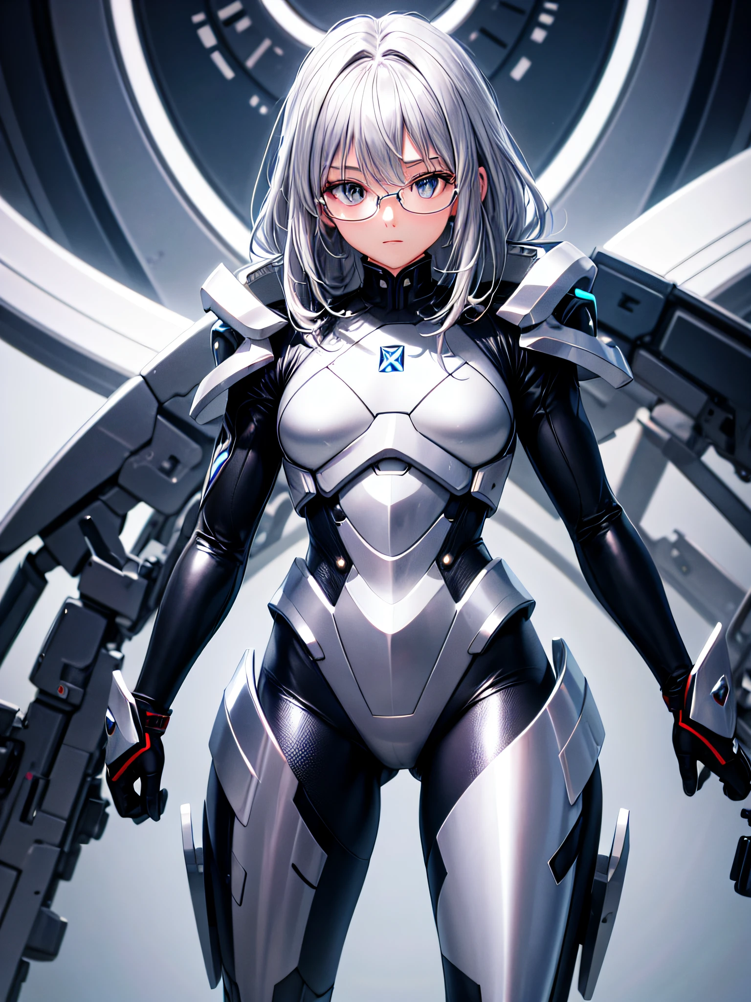 8K UHD、Silver-haired and small-nosed beauty in shiny silver full-body rider suit with glasses standing with legs open facing the front、Wearing a silver metallic rider suit、Upper Body Up