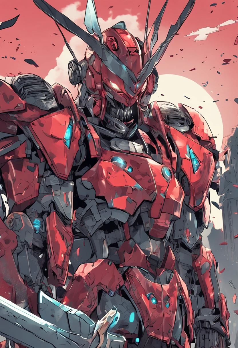 a close up of a robot with a sword in its hand, Illustration inspired by Zoltan Volos, Pixiv Contest Winner, sots art, high detailed official artwork, Detailed key anime art, Yu-Gi-Oh Art Style, white and red armor, gurren lagann, Gungnir, Darius Puia, best anime 4k konachan wallpaper