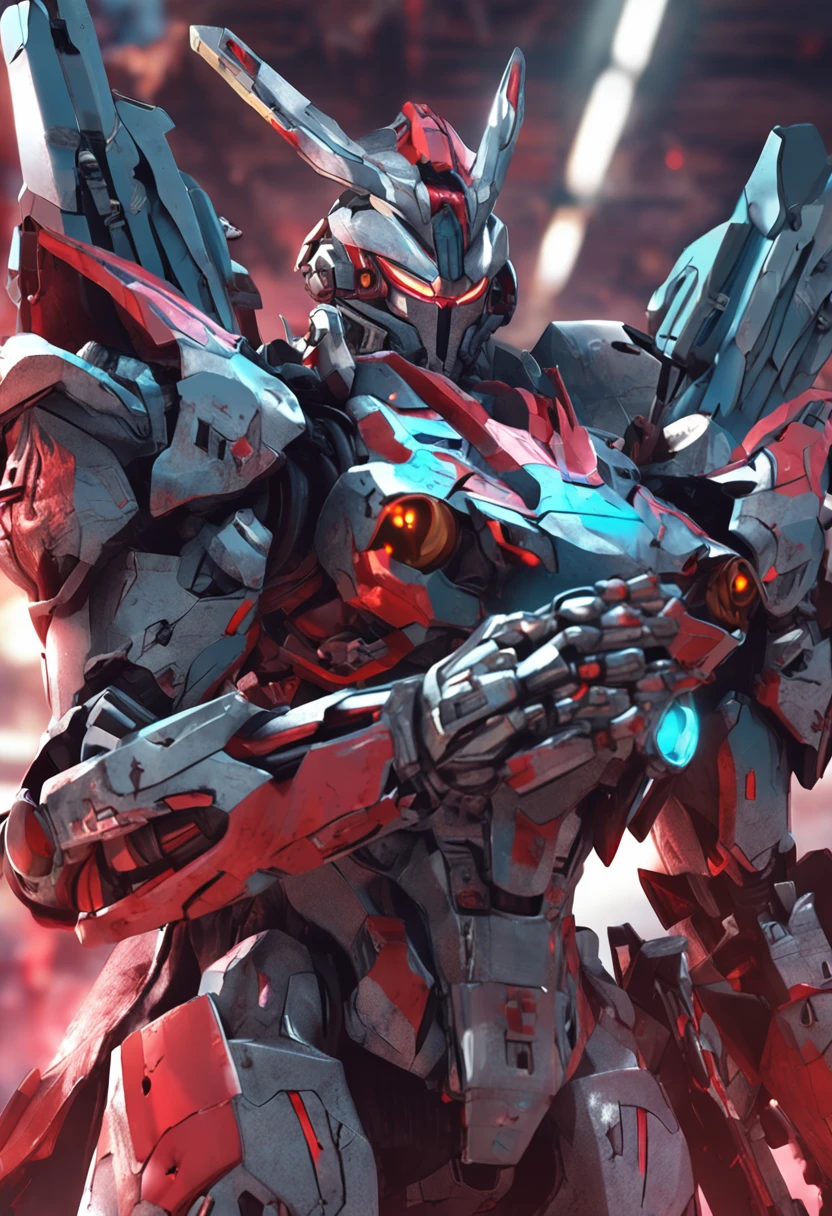 a close up of a robot with a sword in its hand, Illustration inspired by Zoltan Volos, Pixiv Contest Winner, sots art, high detailed official artwork, Detailed key anime art, Yu-Gi-Oh Art Style, white and red armor, gurren lagann, Gungnir, Darius Puia, best anime 4k konachan wallpaper