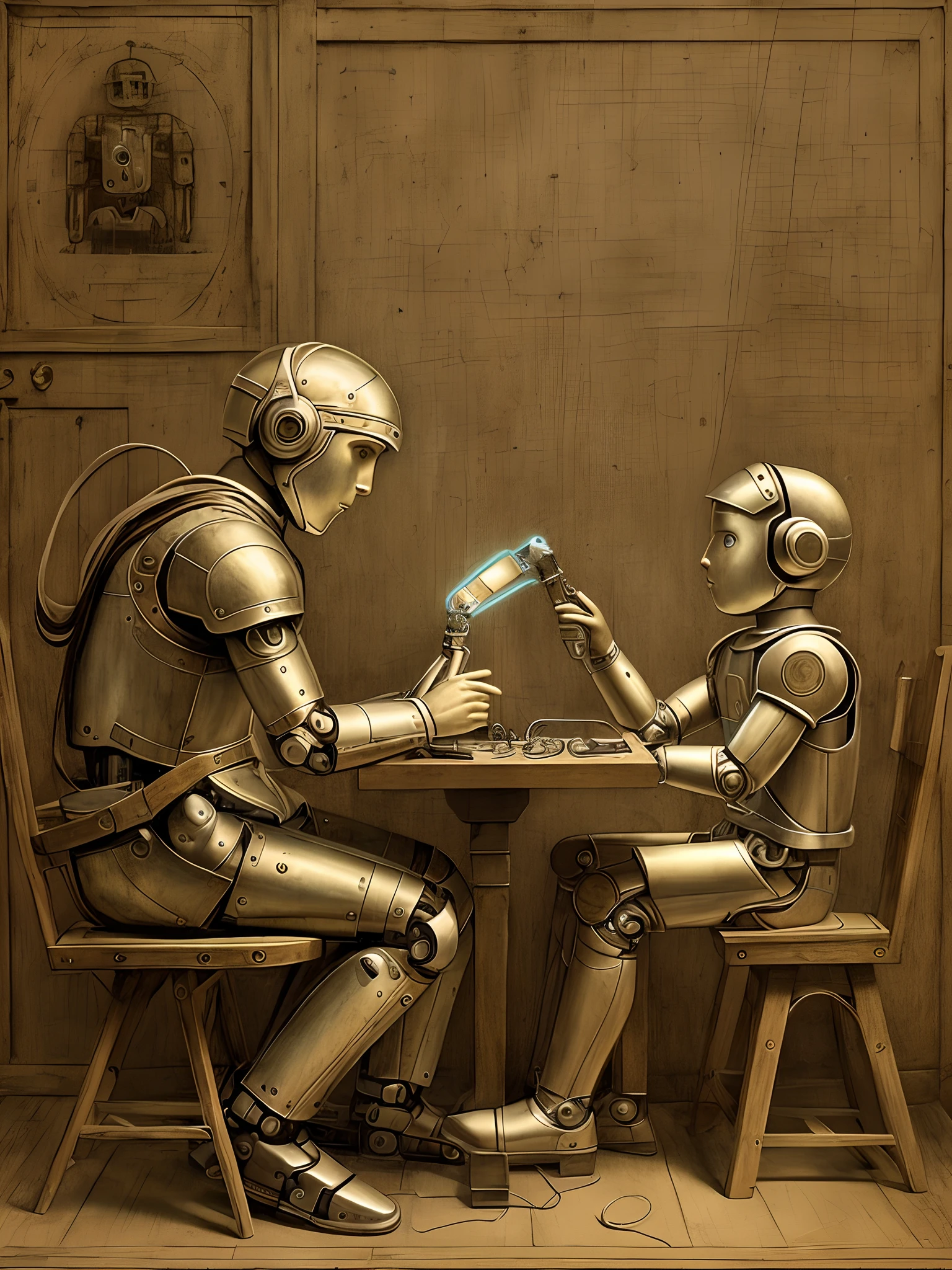 Boy and his robot helping other people, digital-art, Luzes de neon, by Leonardo da Vinci, Fauvismo, Criador de jogos --auto --s2