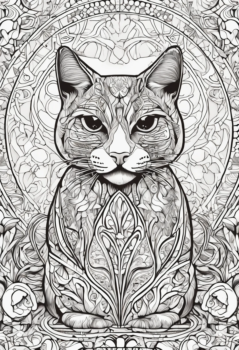 cat with strong bold lines, white background, coloring page, drawing style to be colored, white background with mandalas background to be colorful, super detailed and sharp lines and drawings. all black and white.