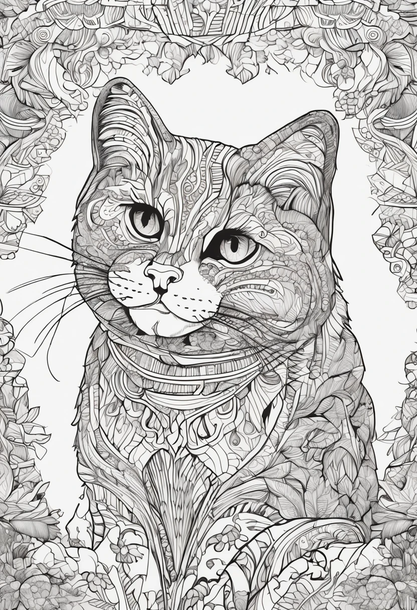 cat with strong bold lines, white background, coloring page, drawing style to be colored, white background with mandalas background to be colorful, super detailed and sharp lines and drawings. all black and white.