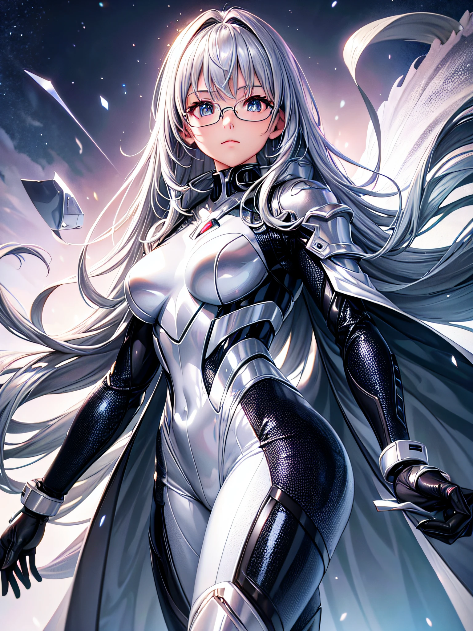 8K UHD、Silver-haired and small-nosed beauty in shiny silver full-body rider suit with glasses standing with legs open facing the front、Wearing a silver metallic rider suit、Upper Body Up