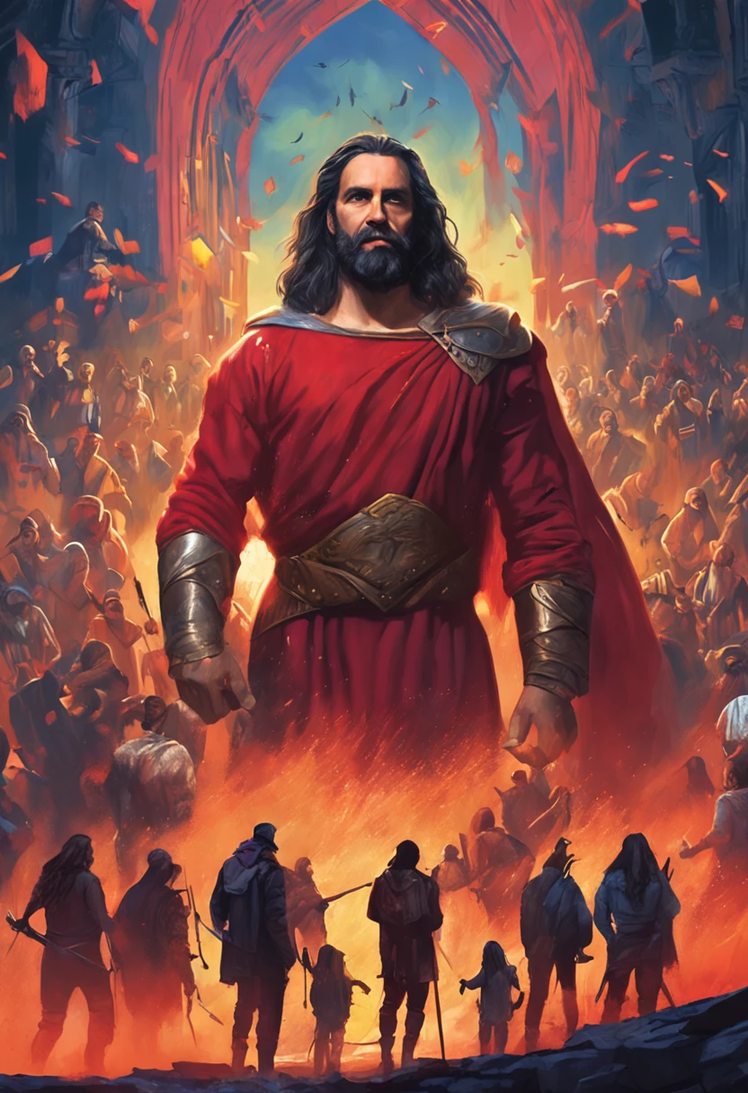 um homem sem barba, standing in front of a crowd of people, Rob Rey, an epic painting by an artist, Asmongold, hiper-realismo. fantasia 4k, fantasy art smug smile man, pintura digital renascentista, Epic portrait illustration, epic digital painting, # 1 pintura digital de todos os tempos, rob mcnaughton