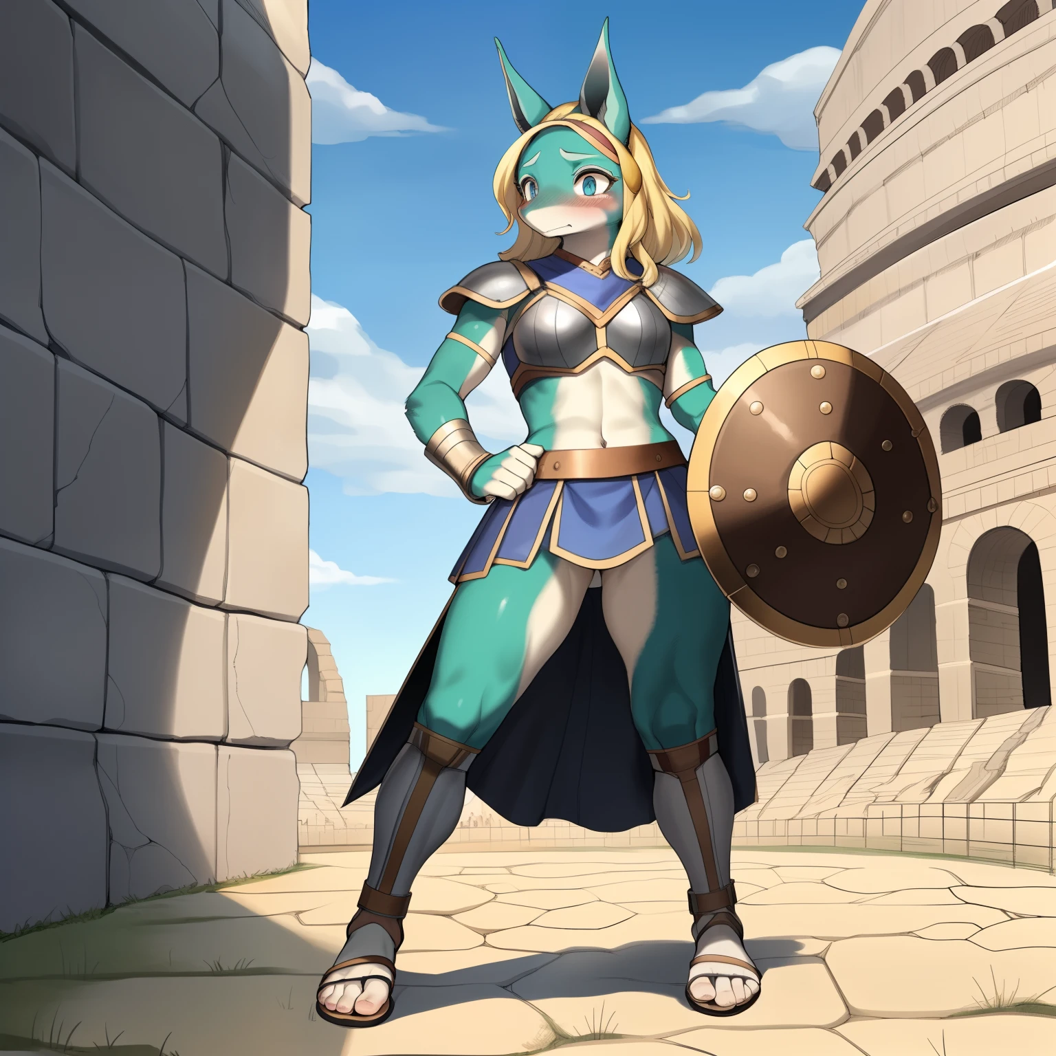 Solo:1.2, By gudlmok99, by sleepiness18, Ippan_josei, blonde hair, standing in a colosseum, looking scared, timid posture, shy, wearing gladiator armor, gladiator skirt, gladiator sandals, humanoid feet, tall, holding a gladiator shield, holding a short sword, high quality, good anatomy