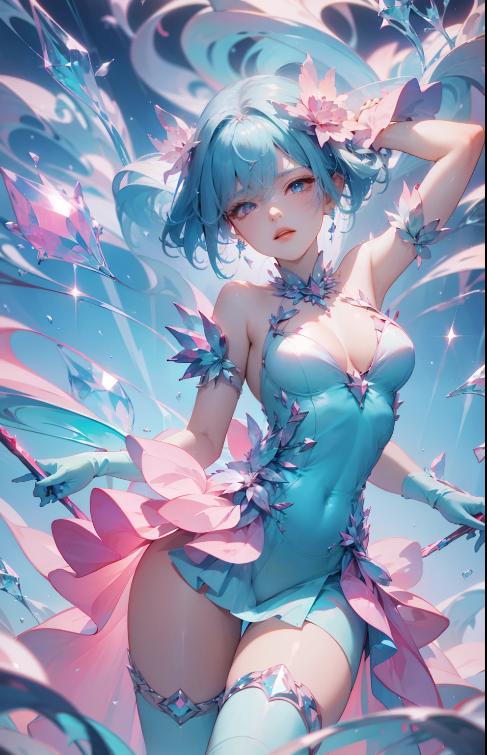 Kizi,crystal,Highly detailed, Amazing work,Vitreous luster,((clean backdrop)),In pink,(((blue colors))),green color,red colour,Best quality at best,clean backdrop。
