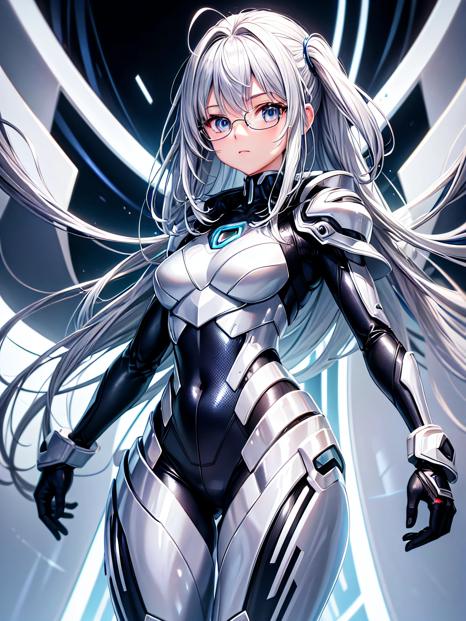 8K UHD、Silver-haired and small-nosed beauty in shiny silver full-body rider suit with glasses standing with legs open facing the front、Wearing a silver metallic rider suit、Upper Body Up
