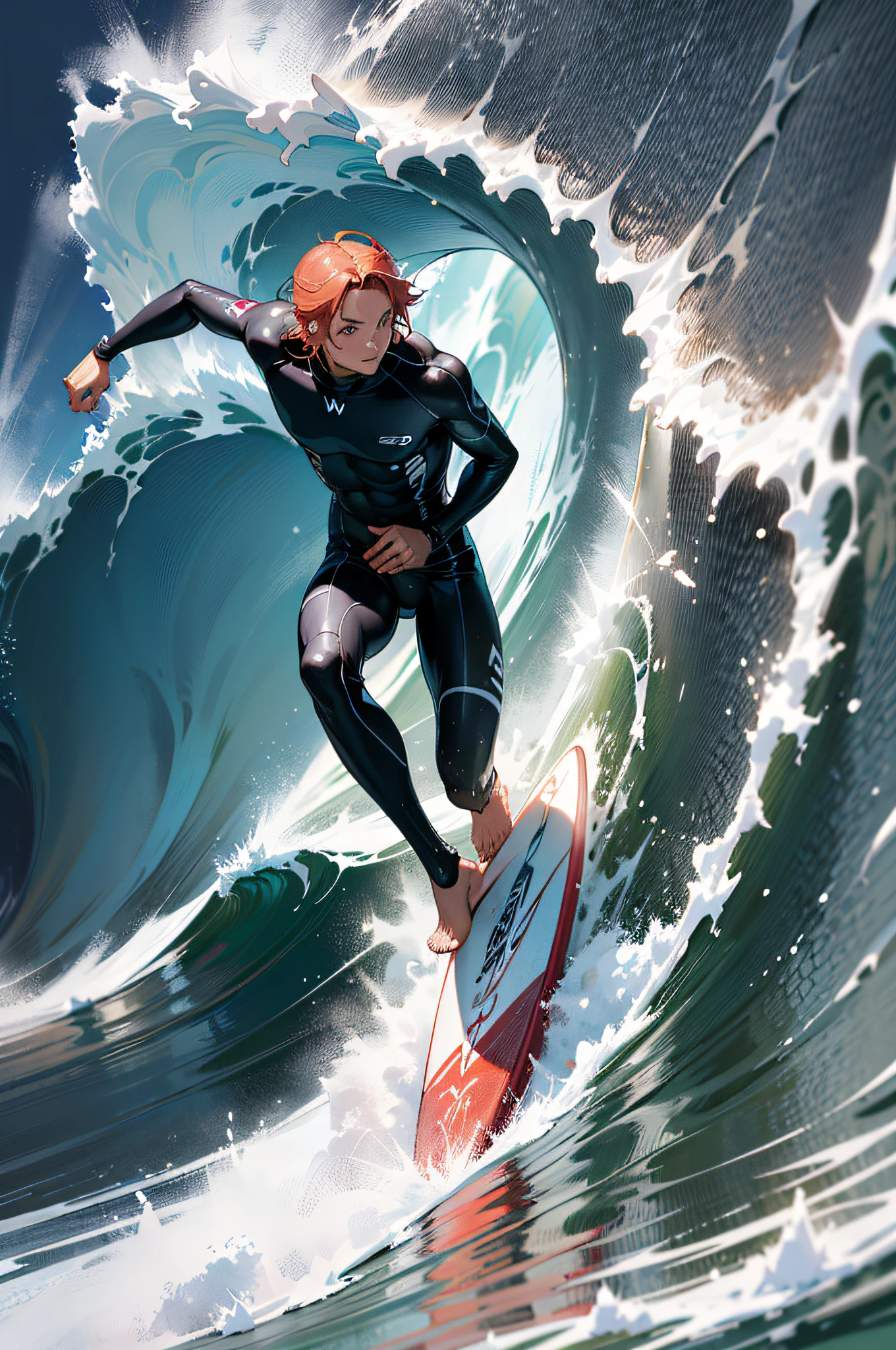 surfer in wetsuit riding a wave on a red surfboard, surfing, stunning digital illustration, asuka as a surfer model, surf, cover of surfer magazine, moebius + loish + wlop, marc adamus, big wave surfing, gorgeous digital painting, annie leibovitz photorealistic, stunning digital painting, by Eddie Mendoza, by Howard Lyon