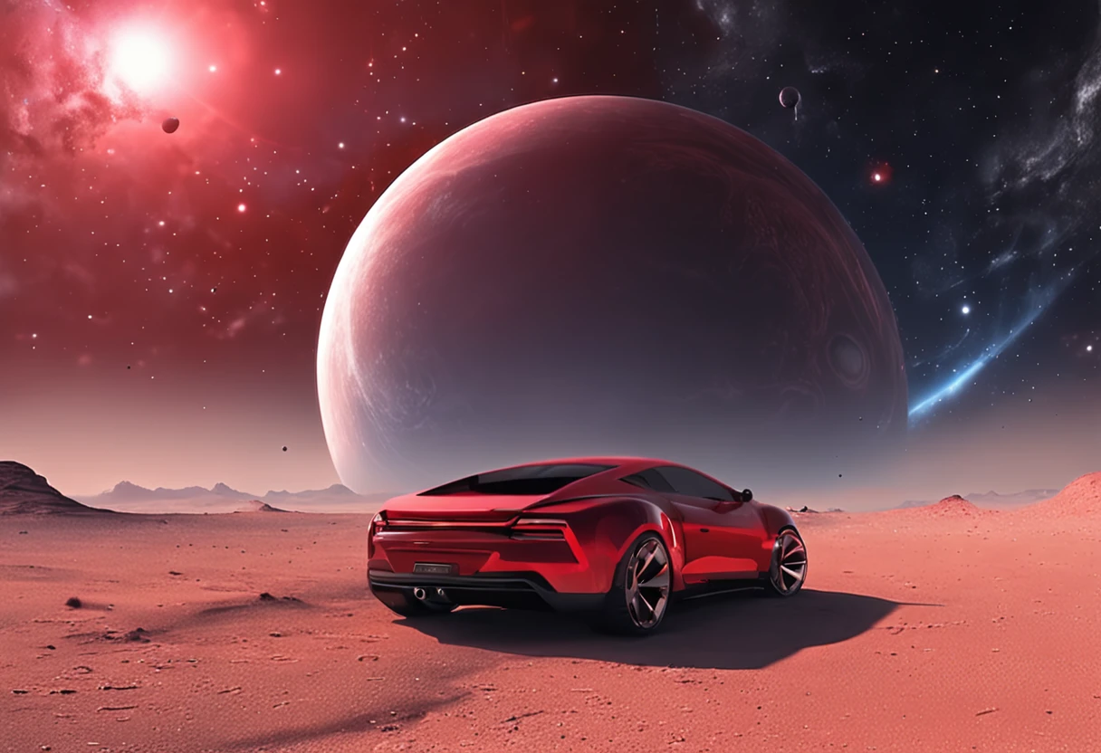 a space art Galactic Landscape, Costa, sky with big red planet , arte conceitual, vetor, alta qualidade, Viewing great detail, Motor irreal, octane rendering, Ultra alta qualidade, ultra high-resolution, surreal, Cor Correta, Good Lighting Settings, good composition, bordas afiadas, harmonious composition, ultra precise, master part, Trabalho premiado, plantas definidas, perfect composition, planeta circular bem definido, com um carro preto e vermelho futurista em frente a paisagem, carro preto e vermelho estacionado no planeta,