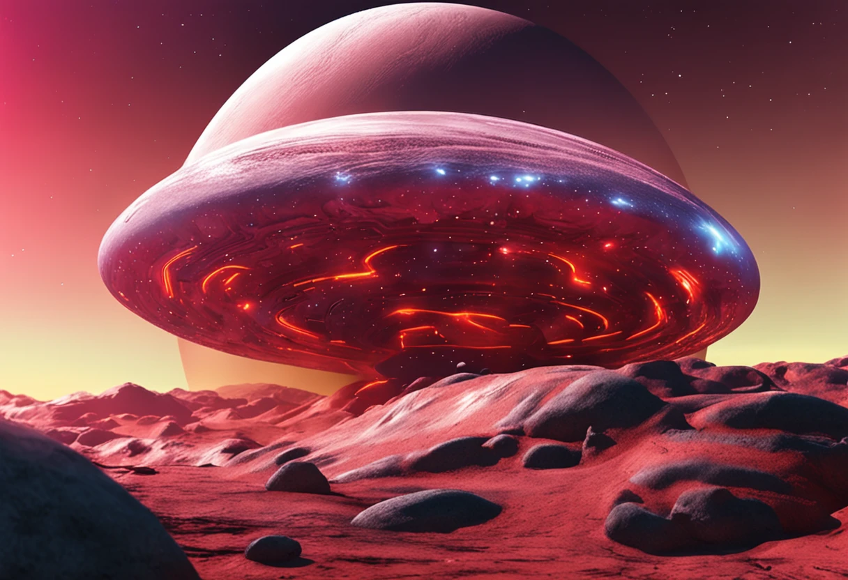a space art Galactic Landscape, Costa, sky with big red planet , arte conceitual, vetor, alta qualidade, Viewing great detail, Motor irreal, octane rendering, Ultra alta qualidade, ultra high-resolution, surreal, Cor Correta, Good Lighting Settings, good composition, bordas afiadas, harmonious composition, ultra precise, master part, Trabalho premiado, plantas definidas, perfect composition, planeta circular bem definido, com um carro preto e vermelho futurista em frente a paisagem, carro preto e vermelho estacionado no planeta,