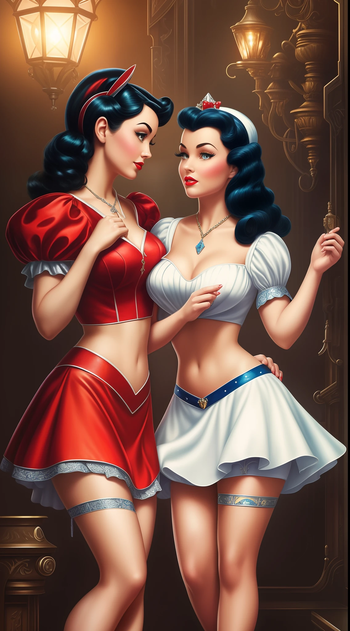 Detailed and lifelike depictions of Cinderella and Snow White, both radiating a distinct pin-up style, stand close together, their faces inches apart, hinting at an imminent kiss. Dressed in miniskirts, stockings, and heels, their attire reflects the iconic colors of their traditional outfits, ensuring they're instantly recognizable as their respective characters. While their classic features are present, the pin-up flair is undeniable. Artful tattoos add a contemporary touch. Their postures and expressions, combined with their pin-up attire, create a fusion of classic Disney and vintage allure., sharp focus, emitting diodes, smoke, artillery, sparks, racks, system unit, motherboard, by pascal blanche rutkowski repin artstation hyperrealism painting concept art of detailed character design matte painting, 4 k resolution blade runner --auto