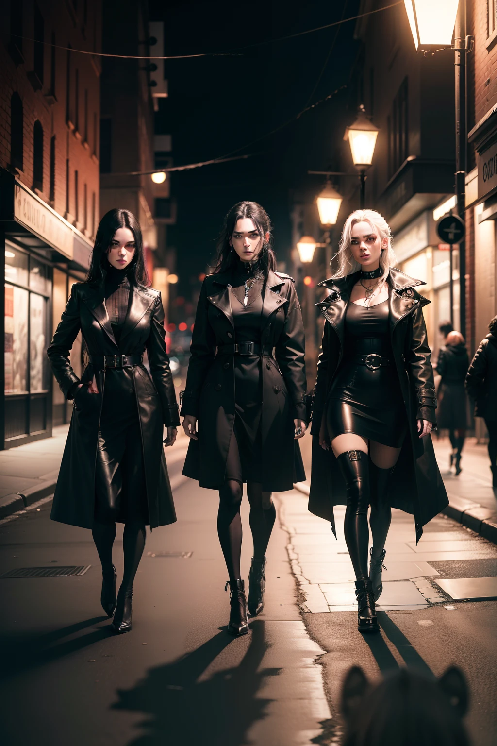 three goth women walking in a deserted street at night wearing clothes with chains and overcoat