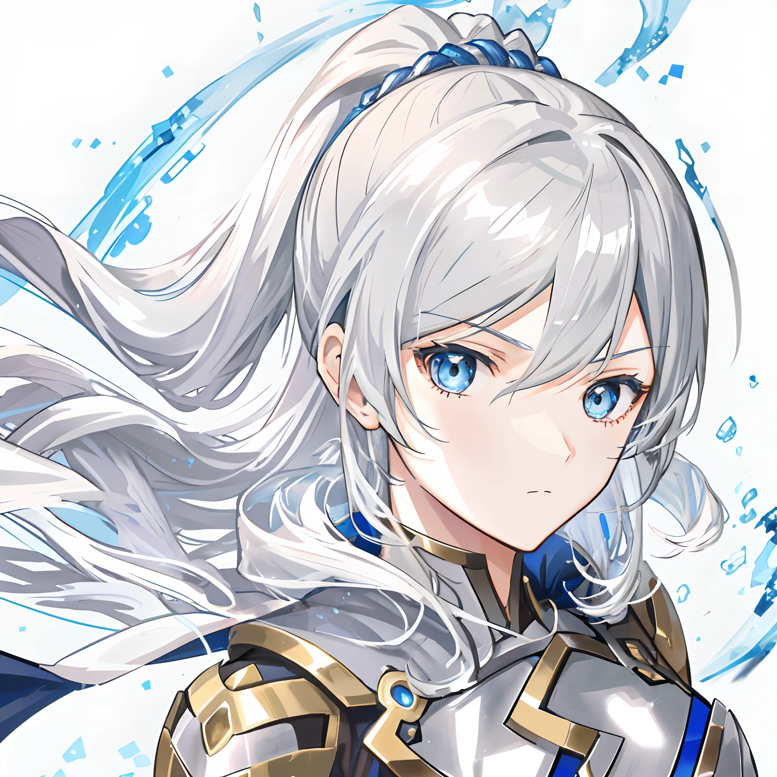 animemanga girl，Human Knight，Human General，grey long hair，With a ponytail，Bangs refer to this picture，Silver armor，Golden cape，blue color eyes，look to the front，A reference to this image by the face，The expression of the character is the same as this picture，with a determined look in his eyes，Looks confident and sunny，The character was inspired by this image，Character actions refer to this image
