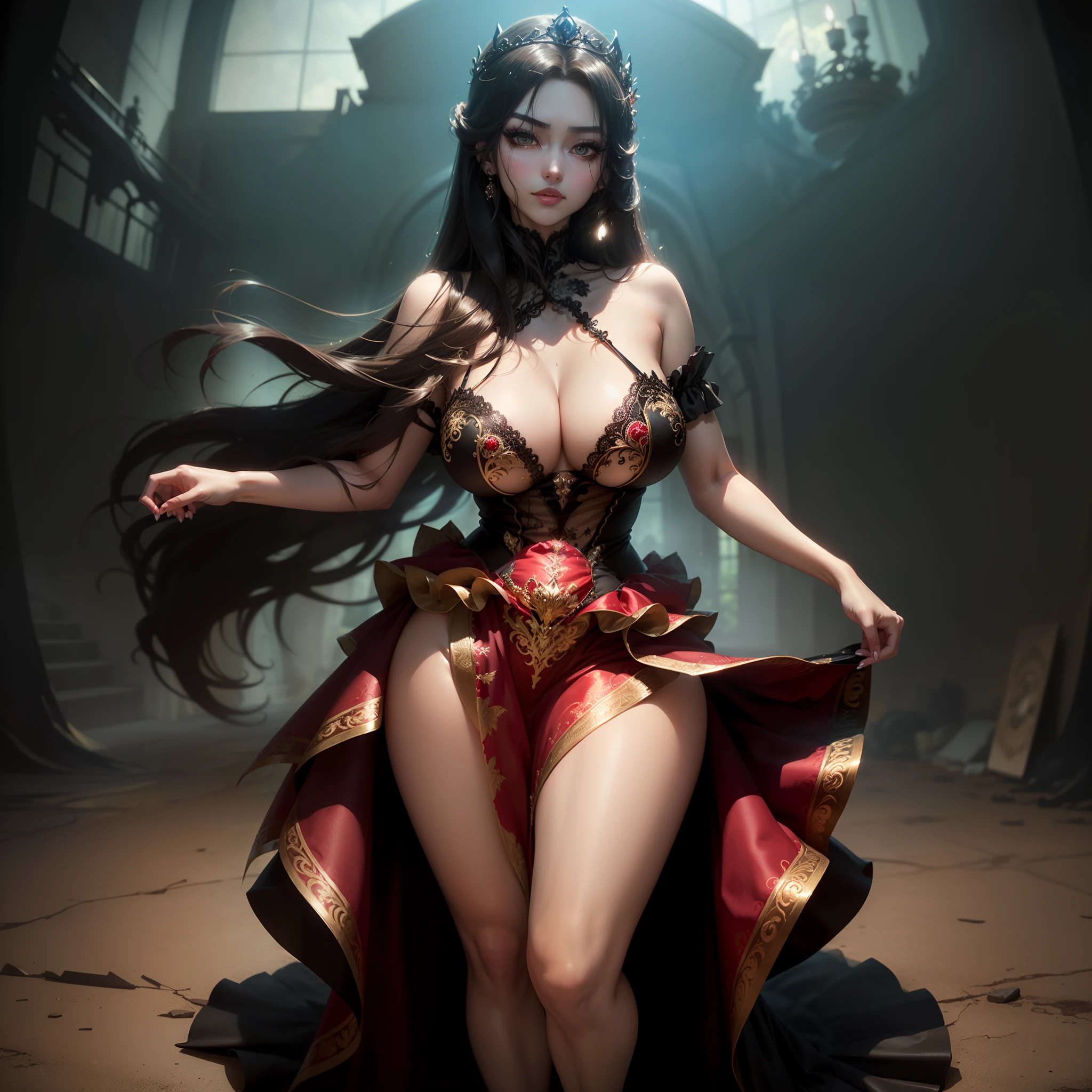 ((anime art style)),(masutepiece),(Best Quality), (Super Detail),((Very delicate and beautiful)),Focus on character,Dynamic Angle,Looking at Viewer,((Solo)),Standing,(((Full body))),((one evil and cute princess in gorgeous ball gown with voluminous skirt)),Detailed face and eyes,(nefarious smirk),Eyes Like Gems,((Very Long voluminous Hair)),gorgeous embroidery and lace,See-through,ornate ruffles,Gorgeous jewelry ornaments,luxury hair ornament,luxury and evil tiara with jewels,(huge-breasted,Long breasts),Full body,((evil and dark atmosphere)),Full body,(((gorgeous ballgown with voluminous skirt)))