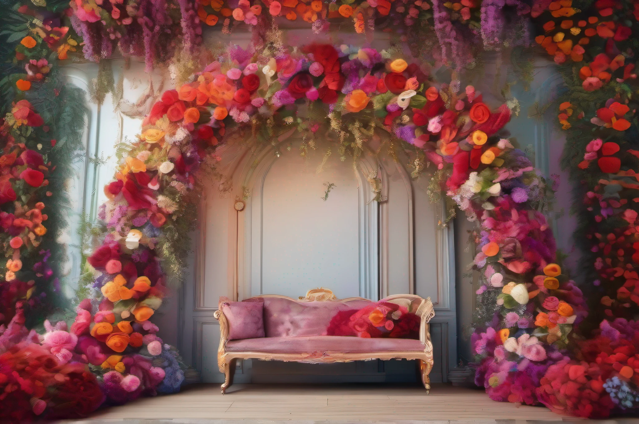 there is a big floral arch with a mirror in the background, a botanical rainbow background, an impressive arcane background, made of red flowers, made of colorful flowers, an ornate background, photography background, floral atmosphere, floral background colorful, magic door, ornate and intricate background, floral haute couture, vivid nature photo of a background