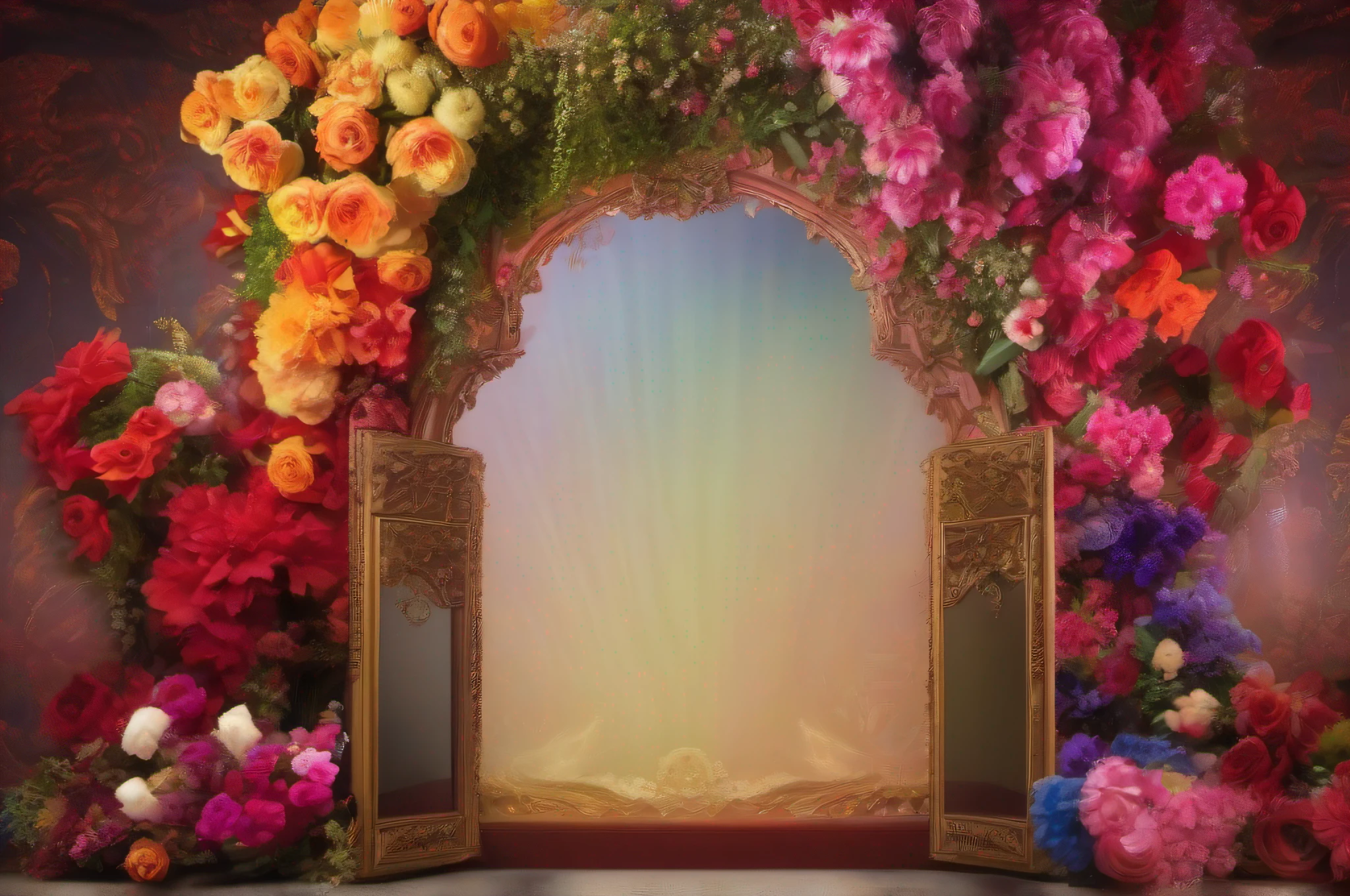 there is a big floral arch with a mirror in the background, a botanical rainbow background, an impressive arcane background, made of red flowers, made of colorful flowers, an ornate background, photography background, floral atmosphere, floral background colorful, magic door, ornate and intricate background, floral haute couture, vivid nature photo of a background