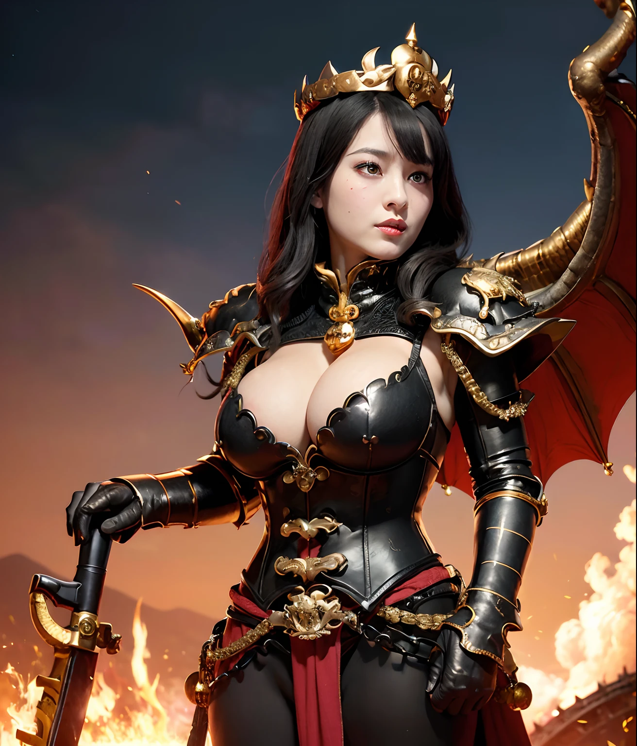 Professional , masterpiece、top-quality、photos realistic , depth of fields (Gemstone Black Metal Body:1.9),(Enamel Black、(cleavage of the breast)、(Chinese Dragon)、Dragon Gold Weapon(Dragon Metal Body:1.4),Gorgeous gold weapons ,(( Dragon's dense and gorgeous sword)) , Beautiful knife ,warhammer 40k , adepta sororitas,Detail and gorgeous crown、((Brown hair))、(The dragon)、(Castle background)、The dragon、((Gangle's forest background))、Beautiful Caucasian beauty、(1a person)、dynamic ungle,(((Detailed and ornate Black Devil Crown)))、Smaller head、A smile、Castle background、Thin and beautiful female hands、cleavage of the breast、Mystical expression、Light Effects、Wind-effect、magic circles、With the legendary magic wand、(demonic wings)、Toostock、Look at viewers、