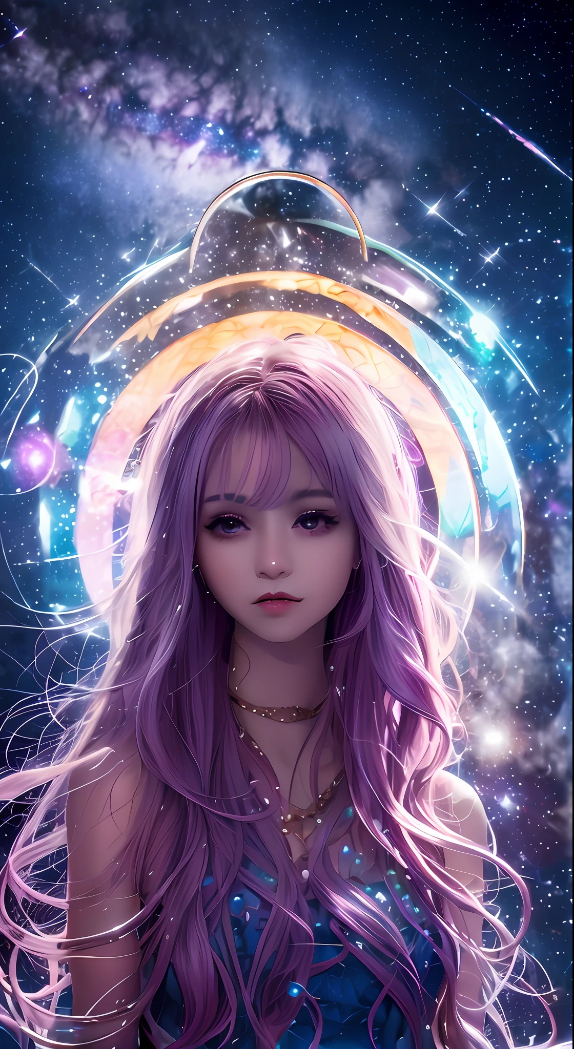 Anime girl with purple hair and hat in front of galactic background, anime girl with cosmic hair, Anime style. 8K, Fantasy art style, style of anime4 K, inspired by Yanjun Cheng, Guviz-style artwork, portrait anime space cadet girl, vibrant fantasy style, Ethereal!!! Ultra photo realsisim, trending on cgstation, unearthly art style，Fill your face