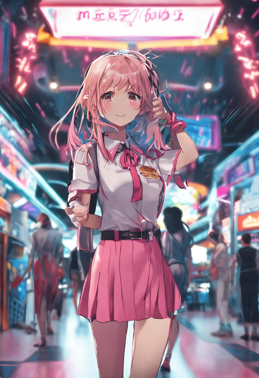 (8K), (Best Quality: 1.2), (Realistic), (Photorealistic: 1.37), Ultra High Definition, 1 Girl, Cute, Smile, Closed Mouth, Beautiful Details, Beautiful Nose, Full Body, Wet Hair, neon black Colossal Dalsefo, Pork, School Uniform, Thighs