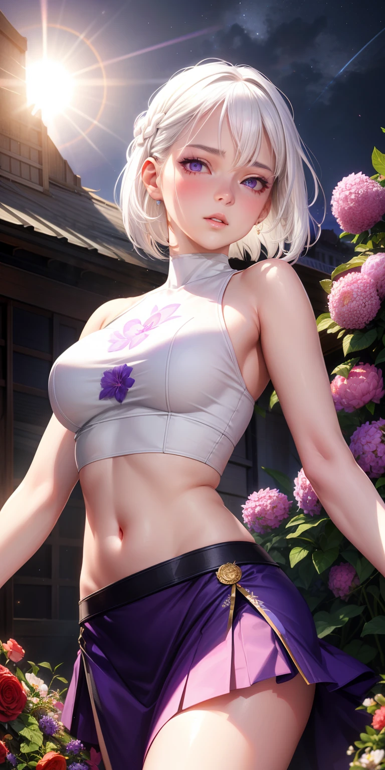 realistic, 1girl, white hair, purple eyes, glowing eyes, crop top, skirt, parted lips, blush, night, flowers, sun, sunlight,