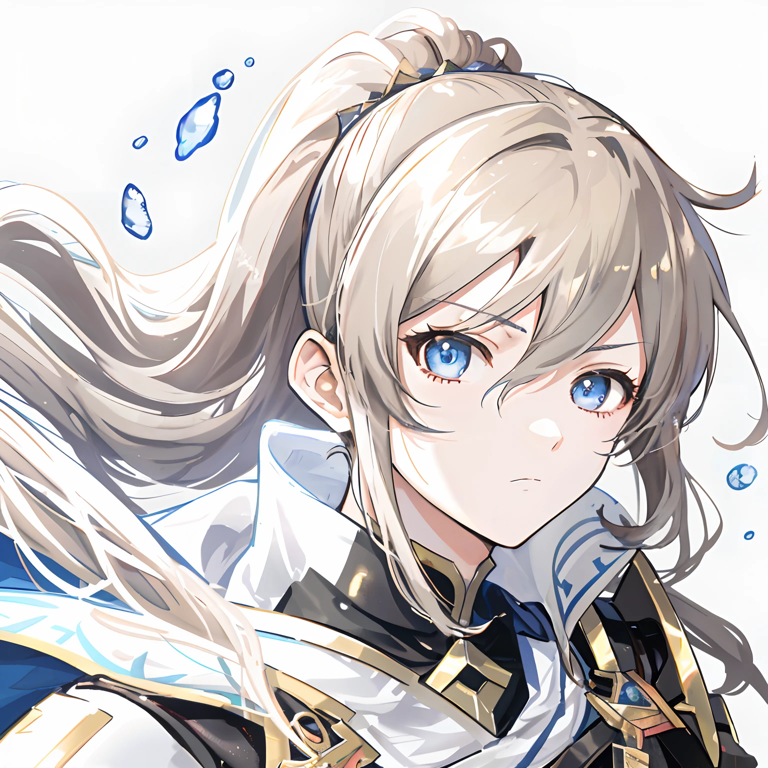 animemanga girl，Human Knight，Human General，Red long-haired，With a ponytail，Bangs refer to this picture，Black armor，Golden cape，Black shoulder pads，blue color eyes，look to the front，A reference to this image by the face，The expression of the character is the same as this picture，with a determined look in his eyes，Looks confident and sunny，The character was inspired by this image，Character actions refer to this image