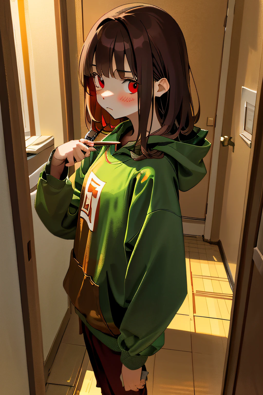 About 9 ~ ,Red eyes,brown hair,White-colored skin,Wear a green hoodie,Brown pants,A red kitchen knife in his hand,There is a blush,Two-dimensional painting style,Stand in the golden promenade,The expression is gloomy。