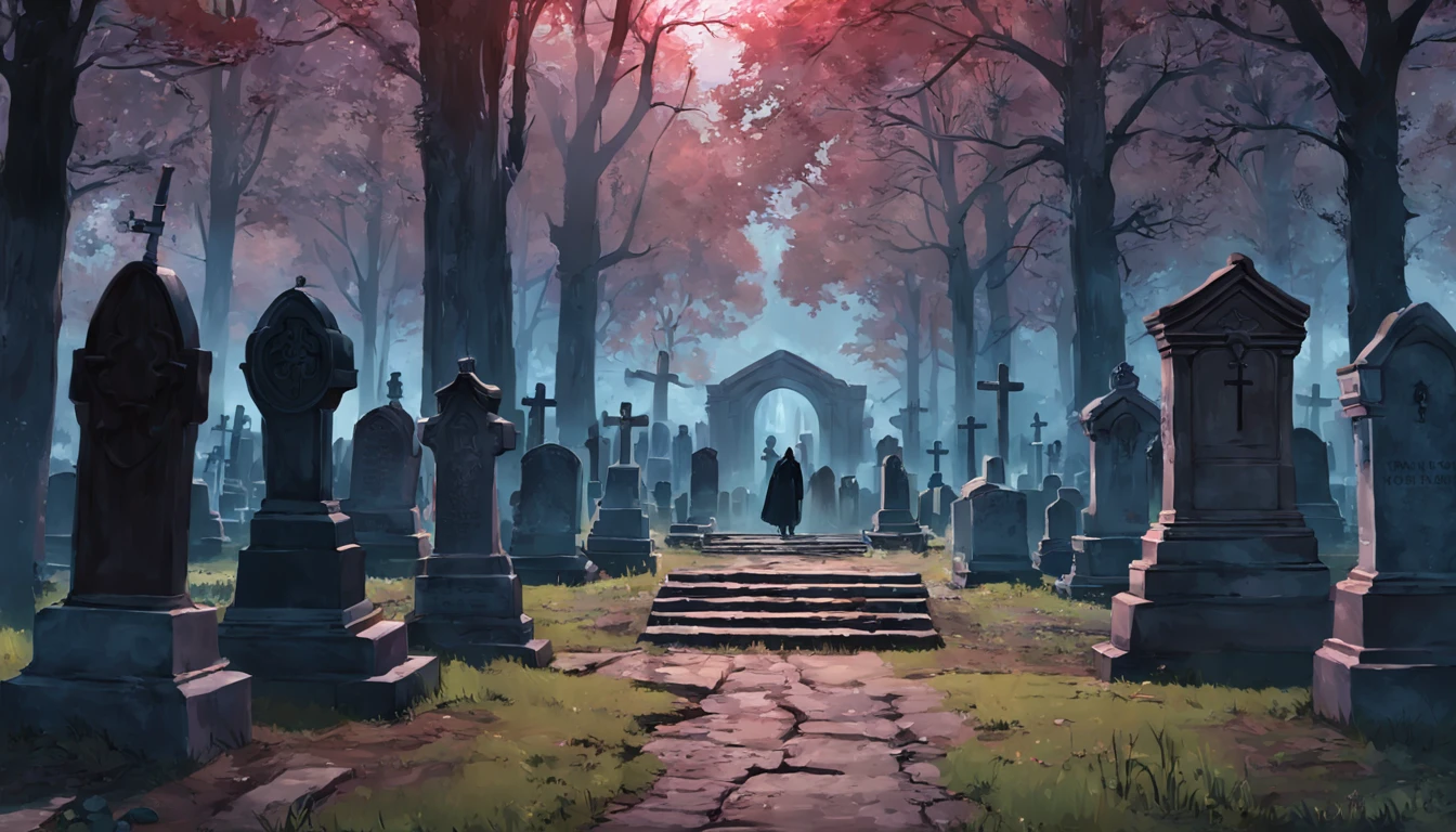 There is a cemetery,There are many tombstones in the background, Record photos of Alexei Egorov at night, autor:Eglon van der Neer, Bussiere Rutkowski Andreas Rocha, eerie nostalgic concept art, arte de fundo, autor:Otakar Kubin, Martin Raphael Lacoste, cemetery landscape, graveyard background, graveyard, graveyard, Stefan Koidl inspirado , Realistic, Ultra foto realsisim, super realistic,A imagem foi queimada