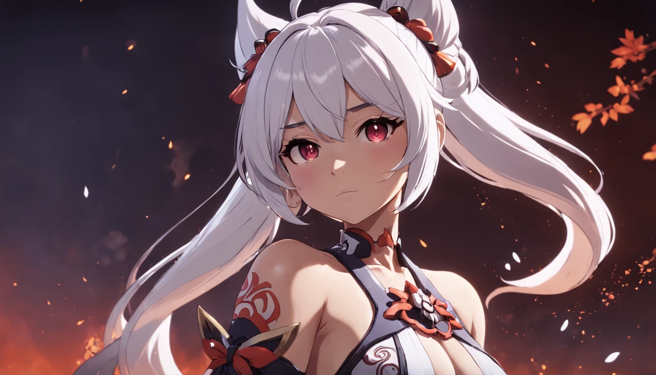 Genshin Impact Custom Character, Original Character, female, busty, thicc, samurai gf, dark skin, ponytail white hair, black background, (((skimpy)))