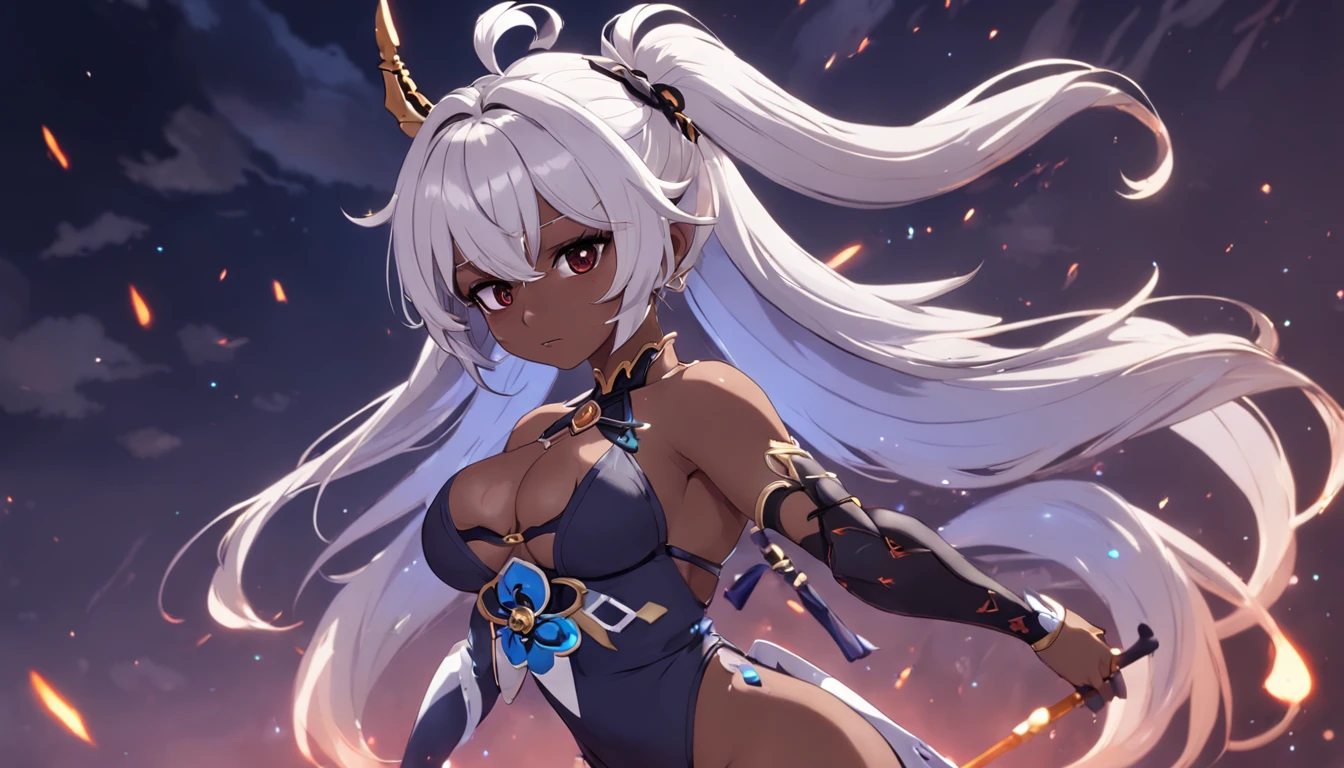 Genshin Impact Custom Character, Original Character, female, busty, thicc, samurai gf, dark skin, ponytail white hair, black background, (((skimpy)))