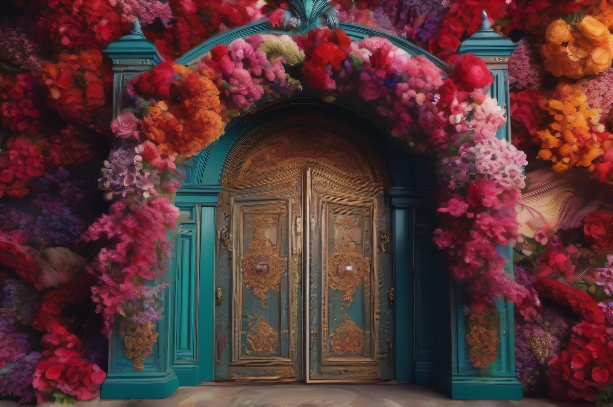 there is a big floral arch with a mirror in the background, a botanical rainbow background, an impressive arcane background, made of red flowers, made of colorful flowers, an ornate background, photography background, floral atmosphere, floral background colorful, magic door, ornate and intricate background, floral haute couture, vivid nature photo of a background