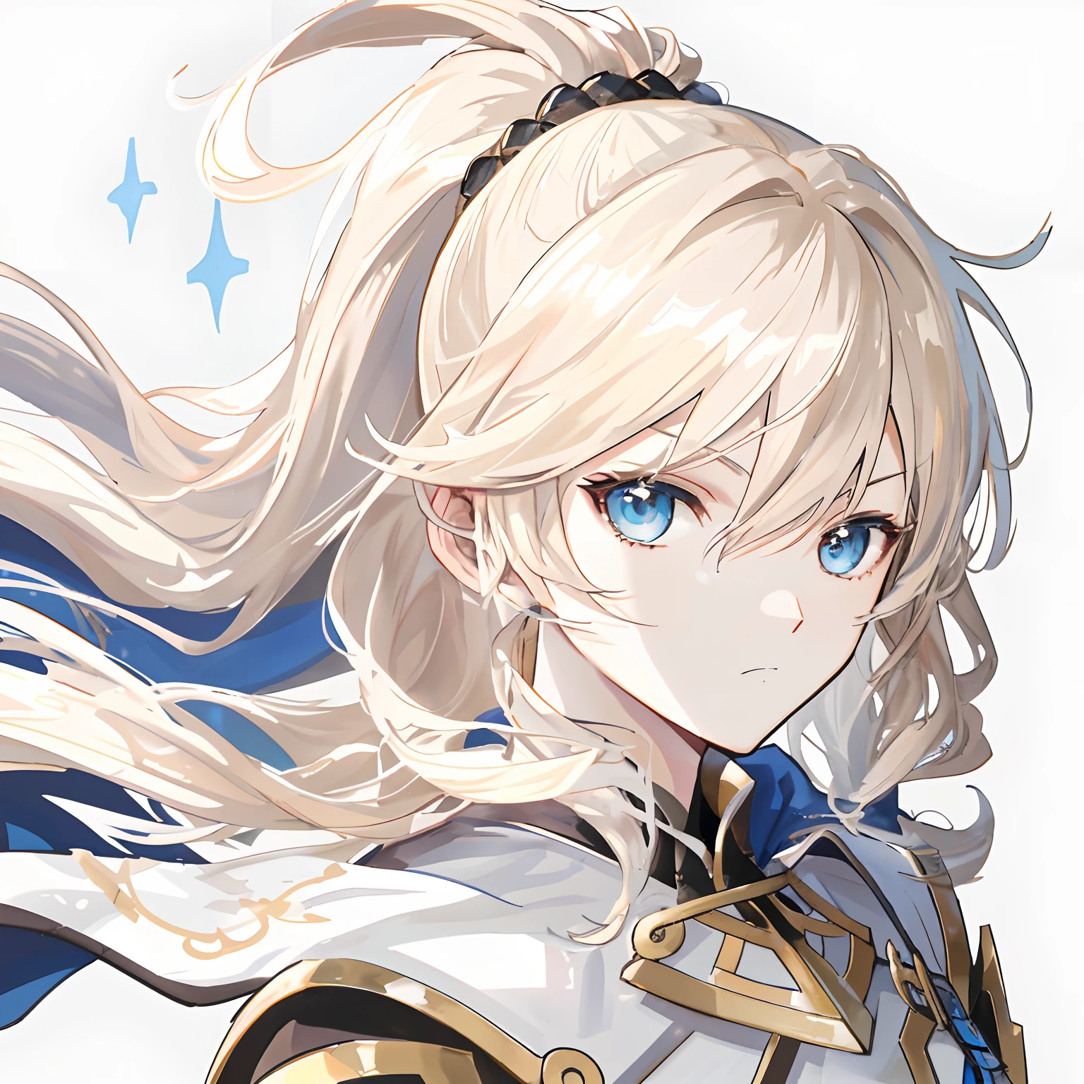 animemanga girl,Human Knight,Human General,long white-blond hair,With a ponytail,Bangs refer to this picture,Black armor,Golden cape,blue color eyes,look to the front,A reference to this image by the face,The expression of the character is the same as this picture,with a determined look in his eyes,Looks confident and sunny,The character was inspired by this image,Character actions refer to this image