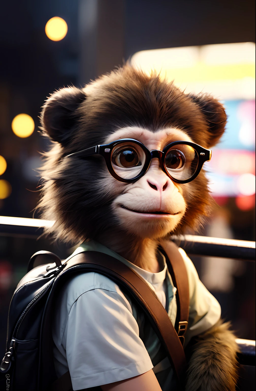 Monkey with glasses and a backpack resting on a handrail, Cheburashka, sagui render, foto de retrato em close-up, Macaco vestido de cientista, close - retrato facial de cima, "Retrato de um animal de desenho animado, pixar retrato 8 k foto, 🦑 design, ultra realistic 3d illustration, painting digital adorable, filme fotorrealista ainda