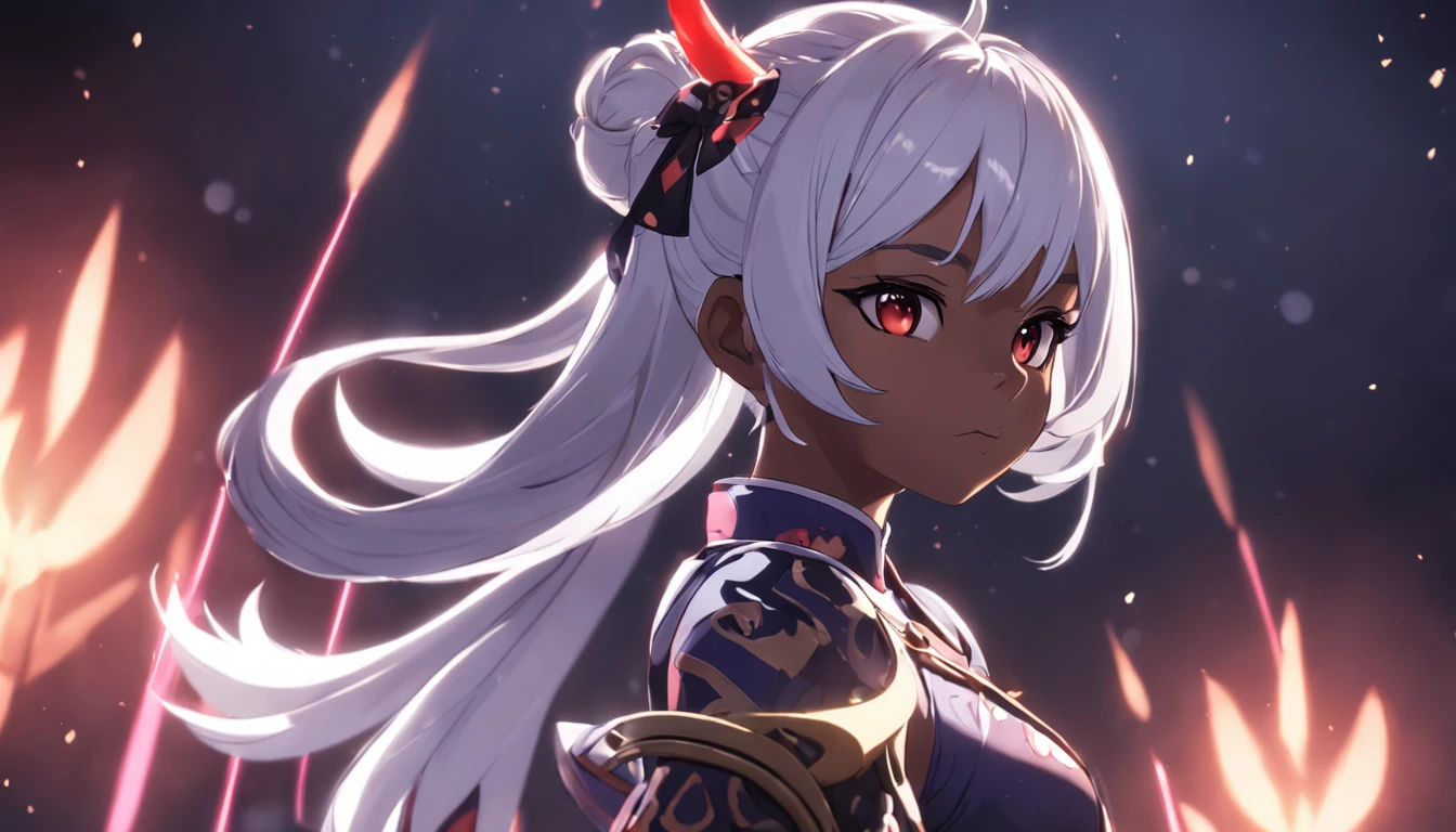 Genshin Impact Custom Character, Original Character, female, busty, thicc, samurai gf, dark skin, ponytail white hair, black background, glow, bokeh, depth of field