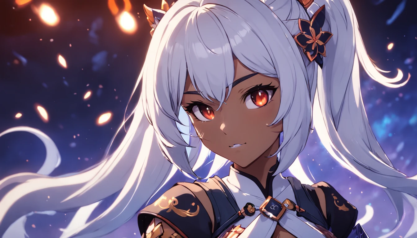 Genshin Impact Custom Character, Original Character, female, busty, thicc, samurai gf, dark skin, ponytail white hair, black background, glow, bokeh, depth of field