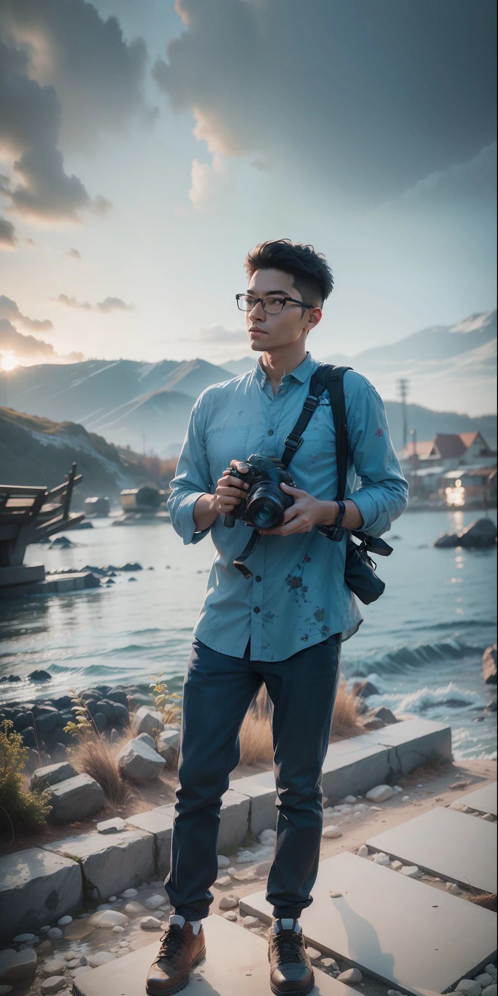 A photographer, realistic, background change , sigma 85mm 1.4