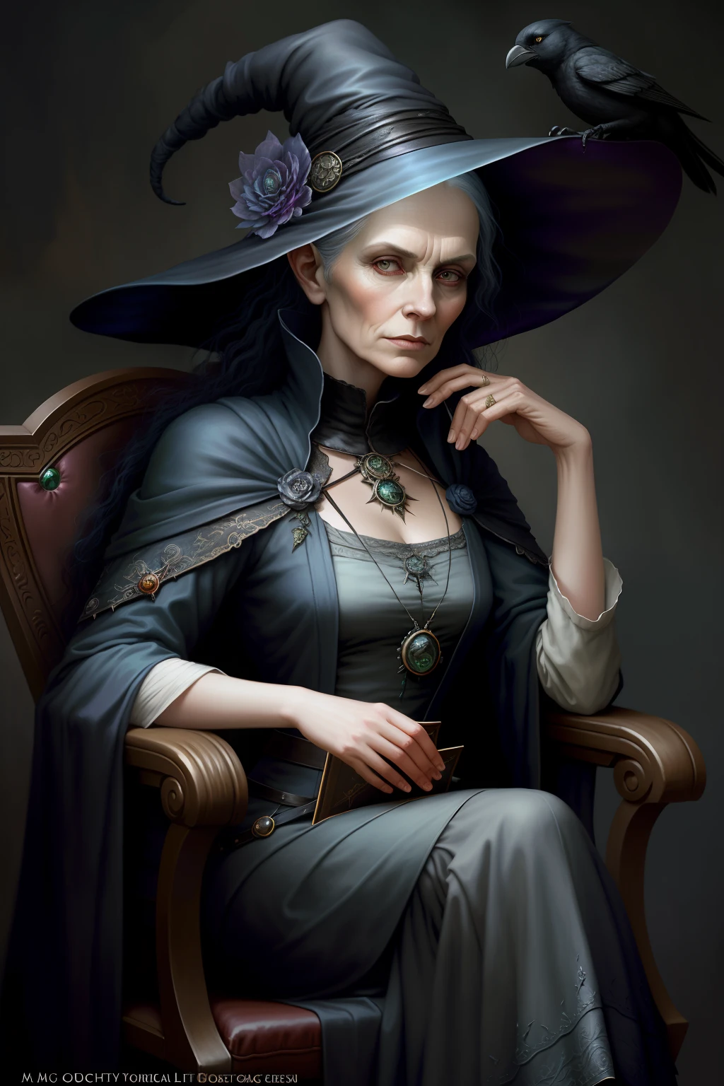 An old witch holding a Soniste crow sits on a cadillau chair,There is a woman sitting on a chair,There is a bird on the leg, Mother of the Demon Hunters, tom bagshaw weta studio, portrait of a sorceress, portrait of a female druid, fantasy genre portrait, portrait of a female mage, tom bagshaw artstyle, Realistic fantasy illustration, artstyle tom bagshaw, fantasy concept art portrait, granny weatherwax