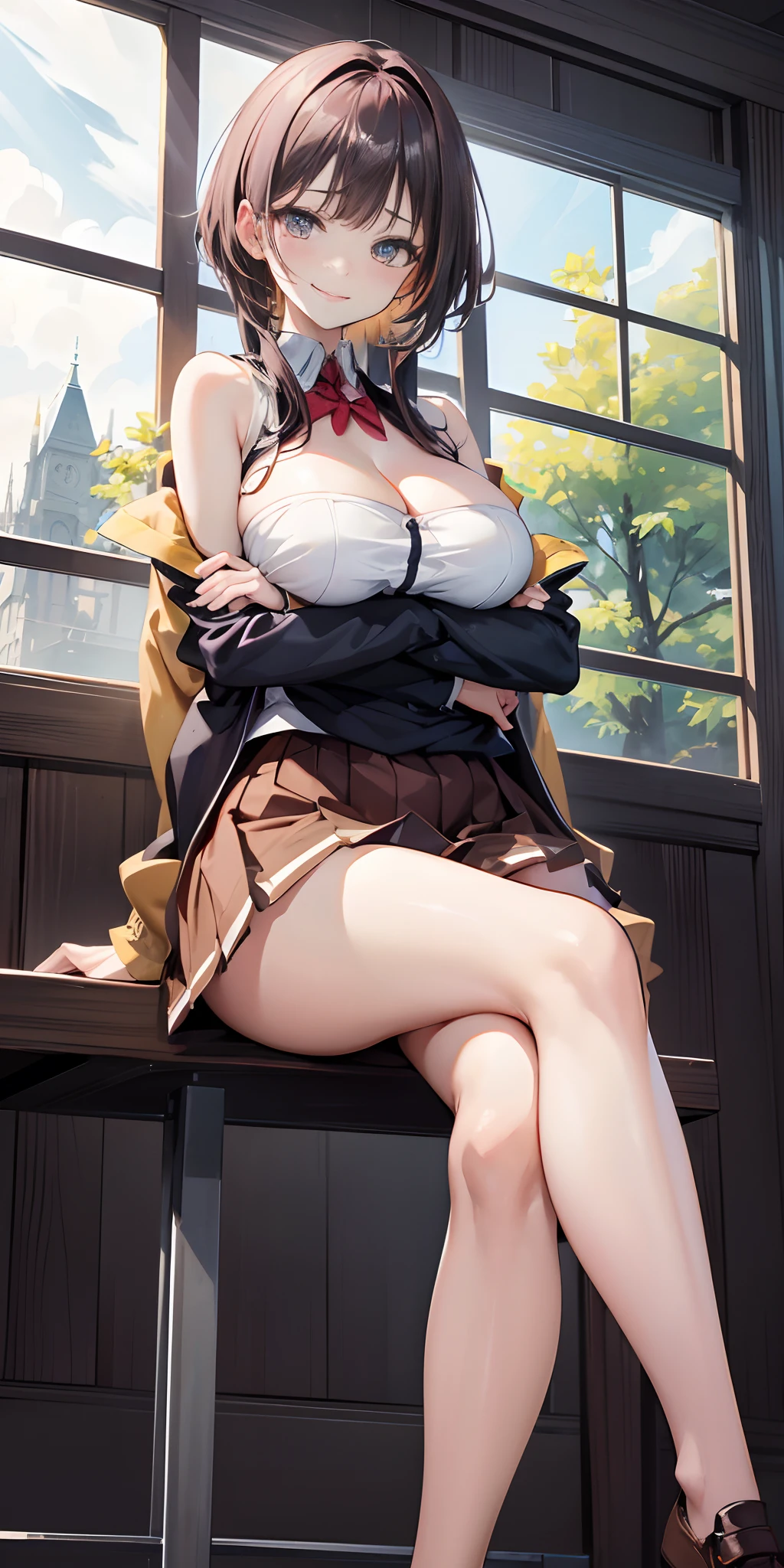 masterpiece, best quality, official art, extremely detailed CG unity 8k wallpaper, detailed background, 1girl, school unifrom, sleeveless, short skirt, huge breasts, hanging breasts, cleavage, blushing, seductive smile, bare shoulders, sitting, (leaning forward), (crossing legs:1.4),