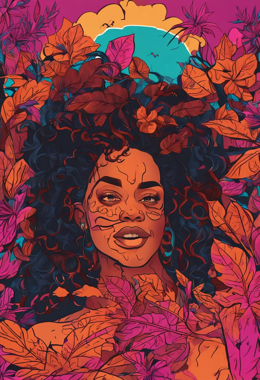mulher morena, com cabelos cacheados longos e vermelhos, olhos amarelos, usando capuz, com uma mascara